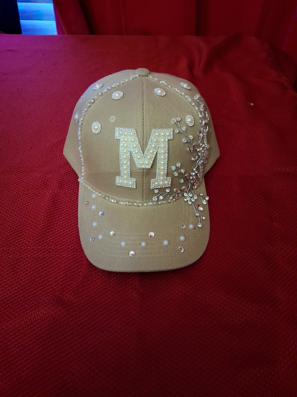 Embellished 'M' Baseball Cap in Beige